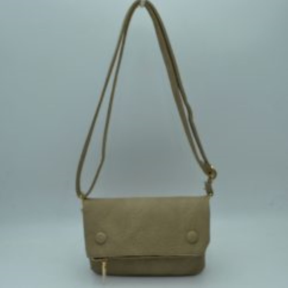Taupe This stylish crossbody bag features a textured pebbled finish with a diamond-quilted stitch design and a foldover flap construction. It is designed with functional storage compartments, including a bottom front section secured by a gold-tone zipper with an elegant metallic pull tab. Equipped with a long, slender adjustable shoulder strap, this versatile bag offers convenient, hands-free carrying for everyday use or casual outings.