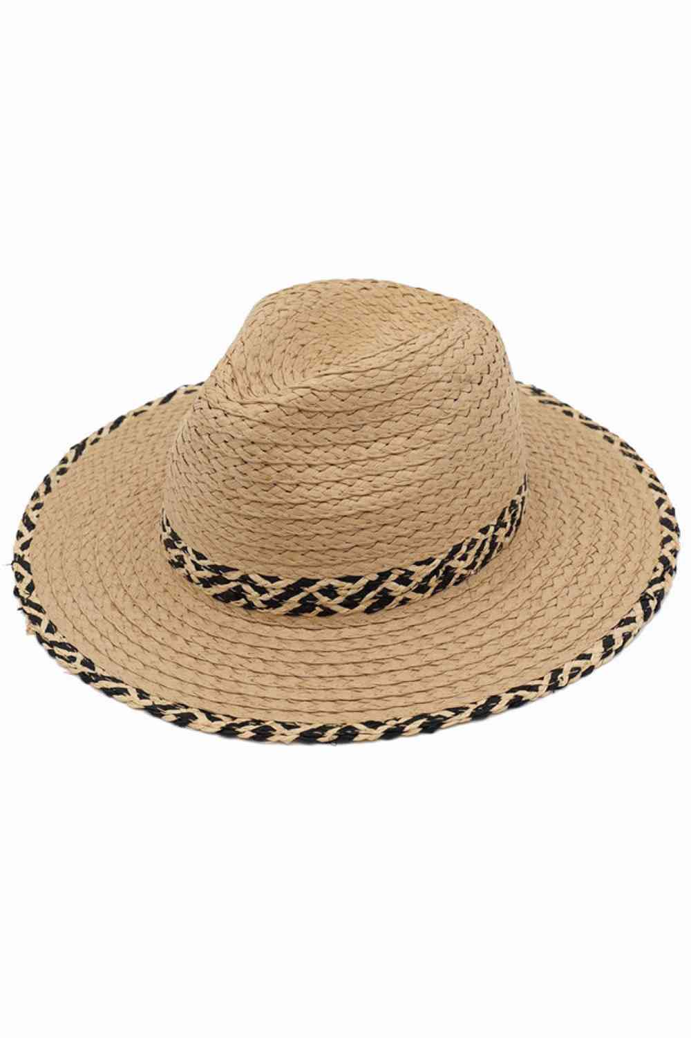 Taupe Classic straw fedora sun hat crafted from 100% paper for lightweight comfort and breathability. Features a striking two-tone geometric pattern band that wraps around the crown, complemented by matching trim along the brim for a coordinated, polished look. The structured design provides excellent sun protection while the natural straw material keeps you cool during warm weather. Perfect for beach days, outdoor events, or casual summer style. Ideal for anyone seeking a timeless accessory that combines f