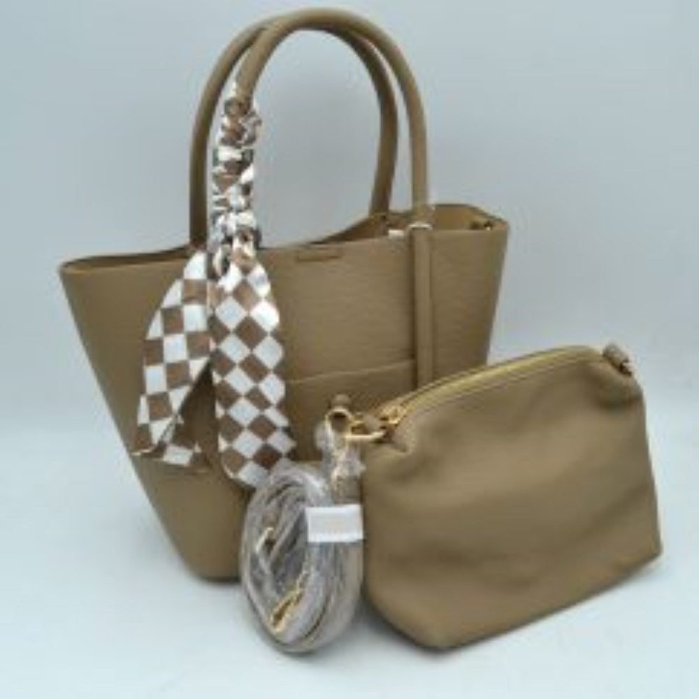 Taupe Elevate your everyday style with this chic and highly functional tote bag. Crafted with a premium pebbled exterior finish, this structured handbag offers a sophisticated texture that handles daily wear with ease. The front features a convenient open slip pocket secured by a matching central snap closure, providing quick access to small essentials. Adding a modern, graphic contrast, a silky checkered pattern scarf comes beautifully wrapped and tied along the front handle base. 