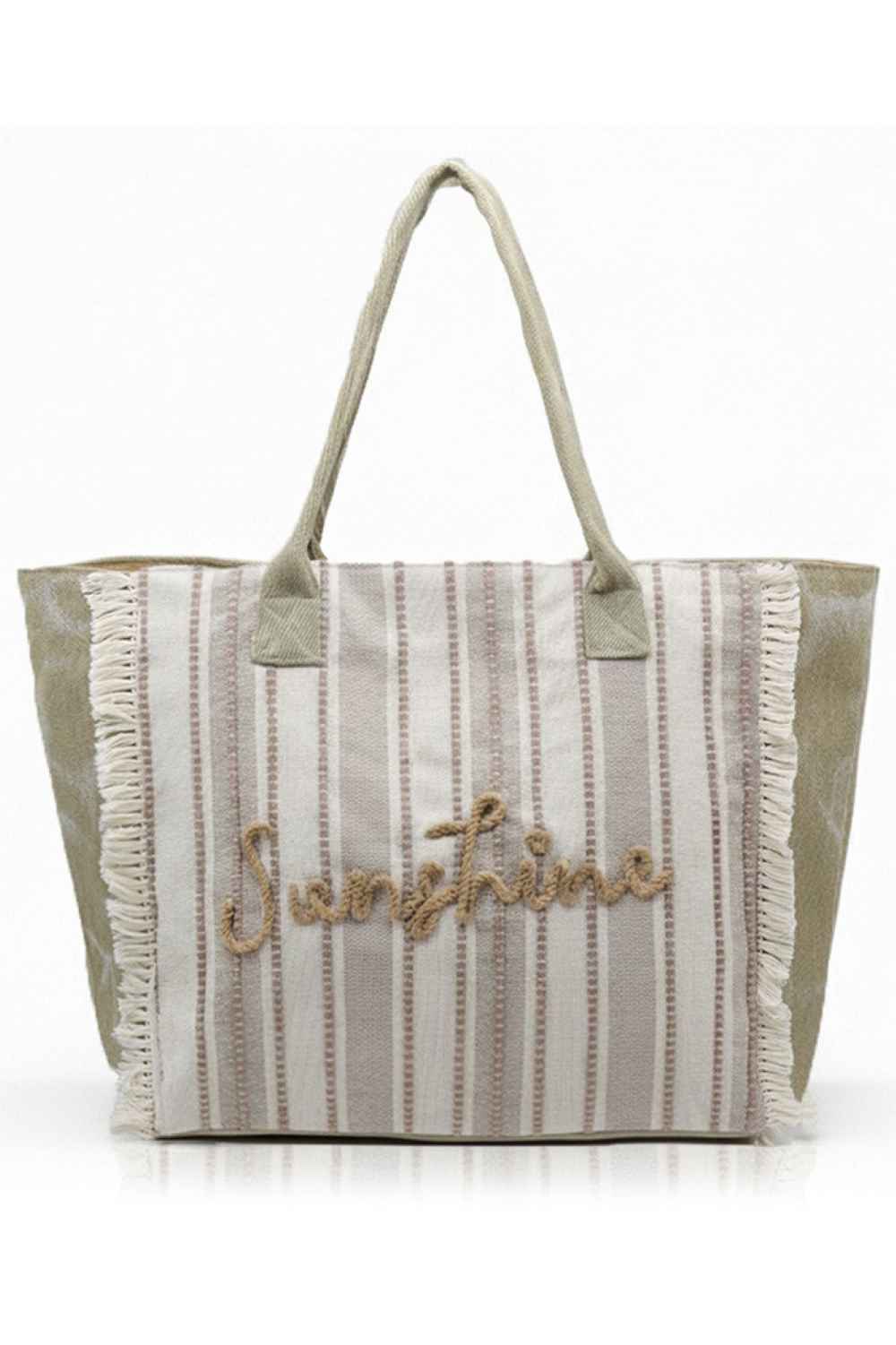 Taupe Carry your essentials in retro style with this vintage-inspired tote bag. Featuring a bold "SUNSHINE" letter design paired with classic stripes and playful fringe detailing, it's the perfect accessory for beach days, shopping trips, or everyday adventures. Crafted from durable 100% polyester, this spacious bag measures 21.5" x 14" x 6" and includes a secure zipper closure and convenient inner pocket for organized storage. A fun, functional piece that brings nostalgic charm to your wardrobe.