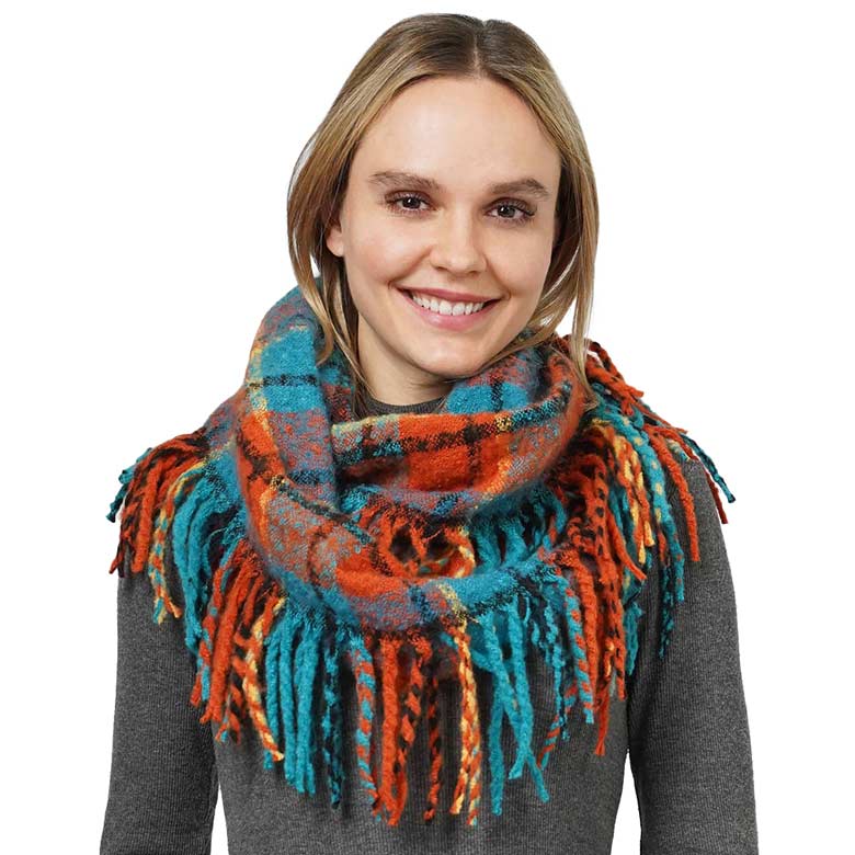 Teal Plaid Check Patterned Fringe Infinity Scarf, is delicate, warm, on-trend & fabulous, and a luxe addition to any cold-weather ensemble. This scarf combines great fall style with comfort and warmth. It's a perfect weight and can be worn to complement your outfit. Perfect gift for birthdays, holidays, or any occasion.