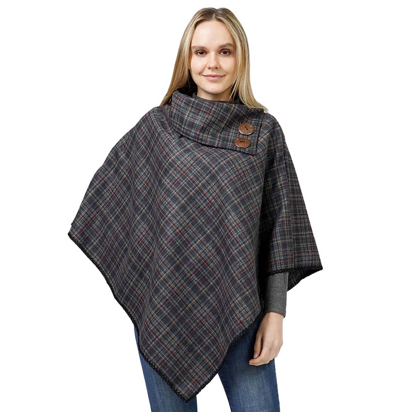 Teal Plaid Patterned Coconut Button Poncho, with the latest trend in ladies' outfit cover-up! The high-quality knit poncho is soft, comfortable, and warm but lightweight. It's perfect for your daily, casual, party, evening, vacation, and other special events outfits. A fantastic gift for your friends or family.