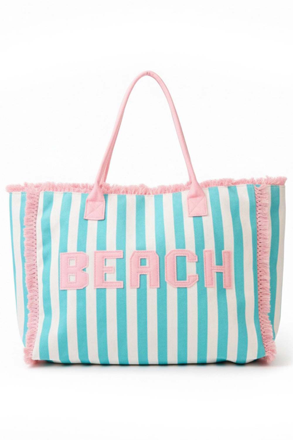 Teal Carry your beach essentials in style with this vibrant summer tote bag. Featuring a bold "BEACH" letter design paired with classic striped patterns and a playful frayed edge trim, it's the perfect companion for days by the water. Crafted from durable 100% polyester, this spacious bag measures 17.5" x 15" x 5" and includes a secure zipper closure and convenient inner pocket for keeping valuables organized. Whether you're heading to the shore or running errands around town, this versatile tote combines f