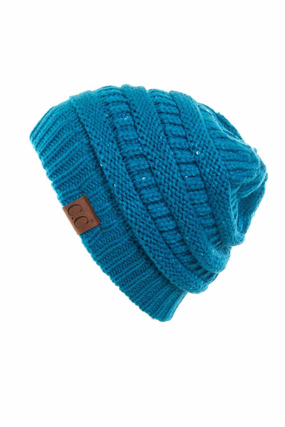 Teal C.C Sequin Ponytail Messy Bun Beanie with open top design lets you pull your hair through for a stylish, effortless look. Crafted from 100% soft acrylic, this cozy beanie keeps you warm while showcasing your ponytail or messy bun. The shimmering sequin detailing adds sparkle and dimension to your winter style. Perfect for casual days, outdoor activities, or layering under jackets. One size fits most for comfortable, versatile wear that works with any outfit.