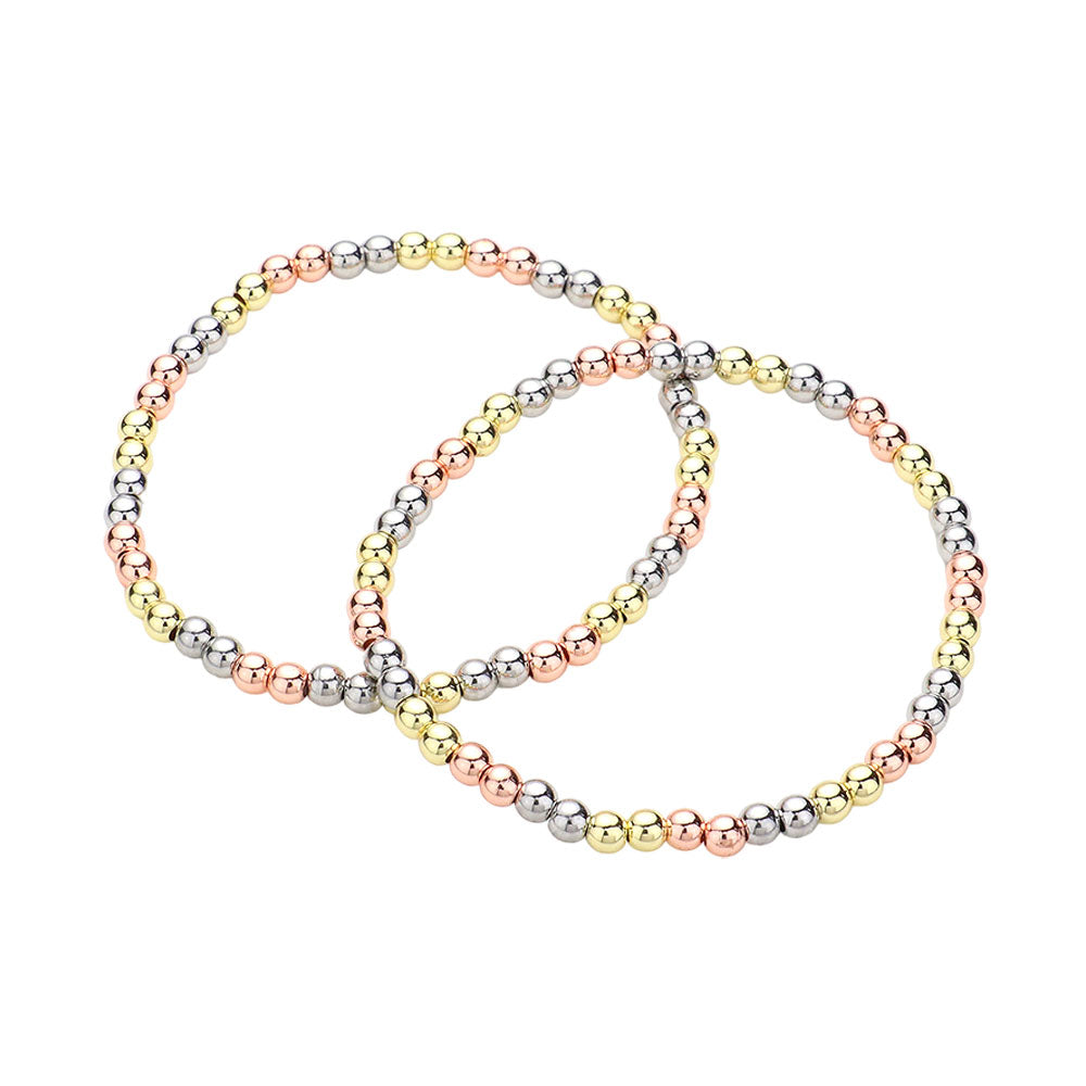 Three Tone 2PCS Stainless Steel Ball Stretch Multi Layered Bracelets are both stylish and durable, making them the perfect addition to any jewelry collection. The stainless steel material ensures long-lasting wear while the multi-layered design adds a unique touch. Add a touch of sophistication to any outfit with these trendy bracelets.