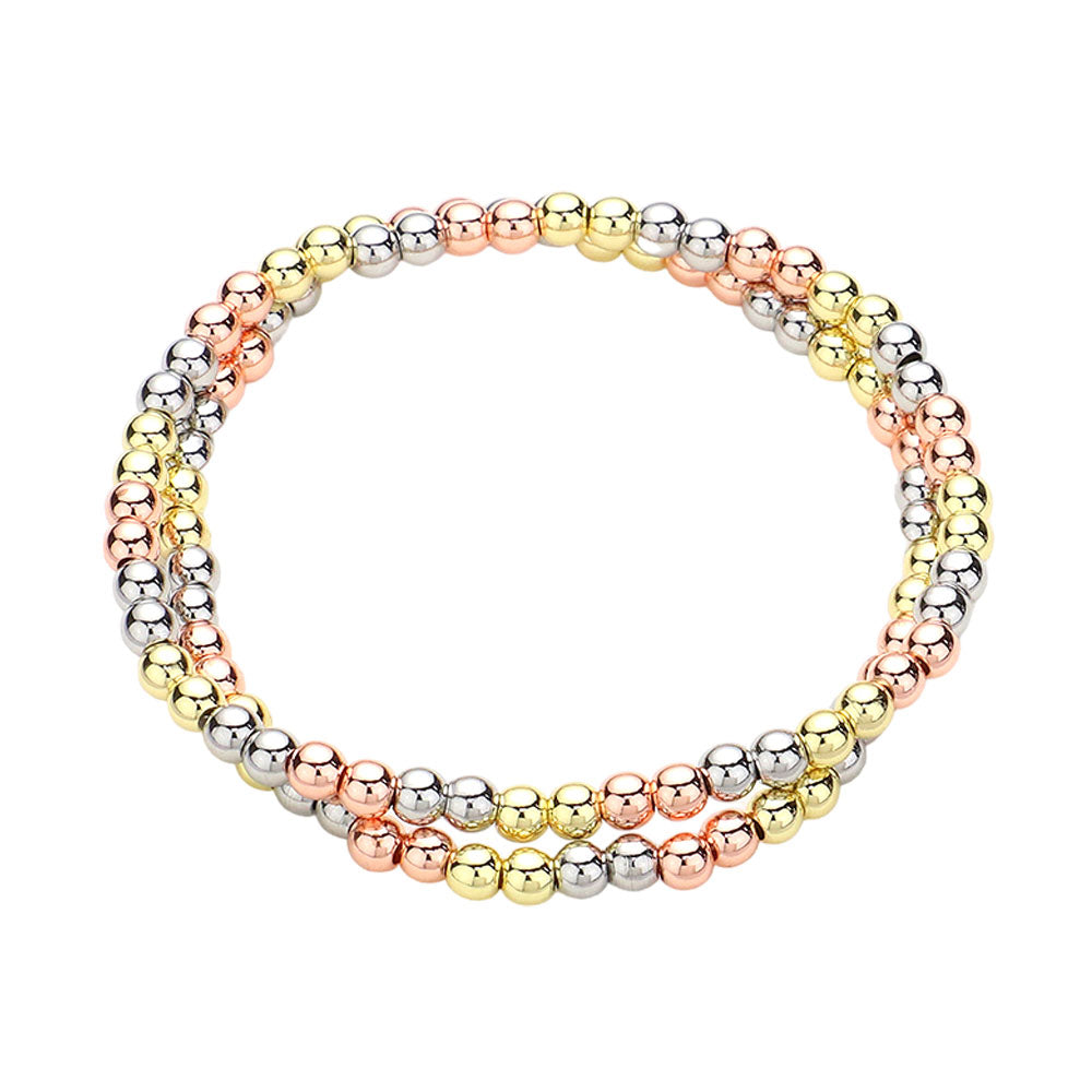 Three Tone 2PCS Stainless Steel Ball Stretch Multi Layered Bracelets are both stylish and durable, making them the perfect addition to any jewelry collection. The stainless steel material ensures long-lasting wear while the multi-layered design adds a unique touch. Add a touch of sophistication to any outfit with these trendy bracelets.