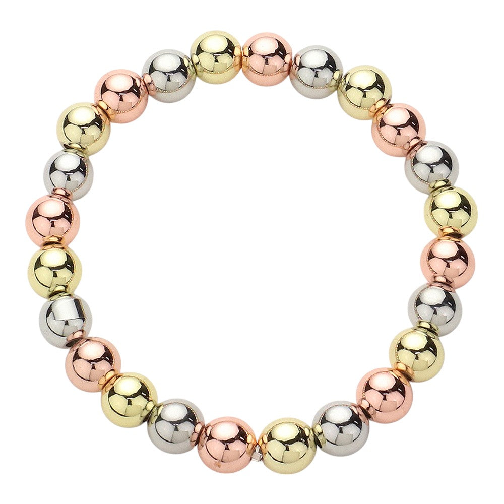 Stainless Steel Ball Beaded Stretch Bracelet - Three Tone - Bracelets