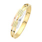 Three Tone Stainless steel three-tone hinged bangle bracelet is expertly crafted for a durable and stylish accessory. With its sturdy construction and three complementary tones, this bracelet is designed to add a touch of sophistication to any outfit. The hinged design allows for easy wear and removal, making it a convenient and versatile accessory.