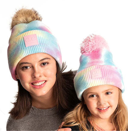 C.C Tie Dye Beanie With Rubber Patch With Natural Fur Pom