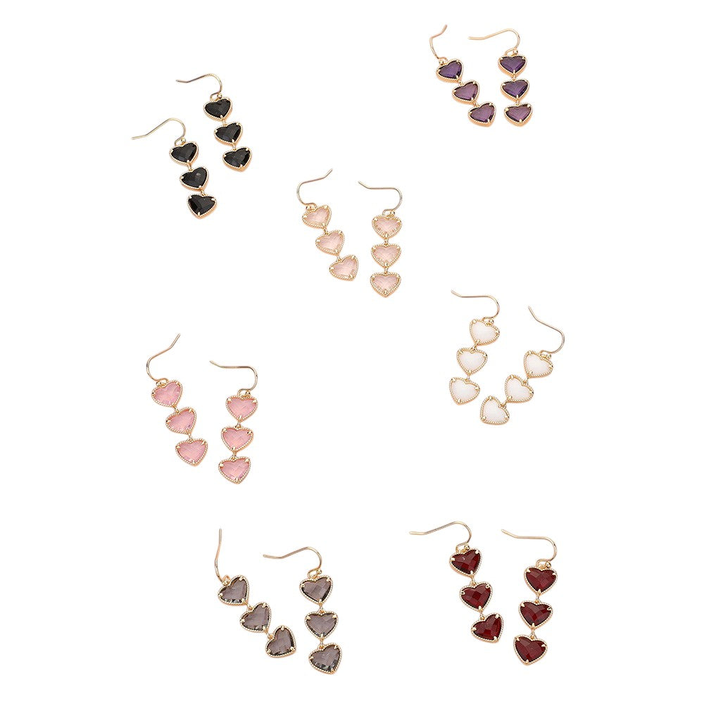 Triple Heart Stone Cluster Link Dropdown Dangle Earrings are a stunning addition to any outfit. Made with three delicate heart-shaped stones, these earrings exude elegance and femininity. The unique link and dropdown design adds a touch of modern sophistication. Perfect for any occasion and a must-have for any jewelry collection.