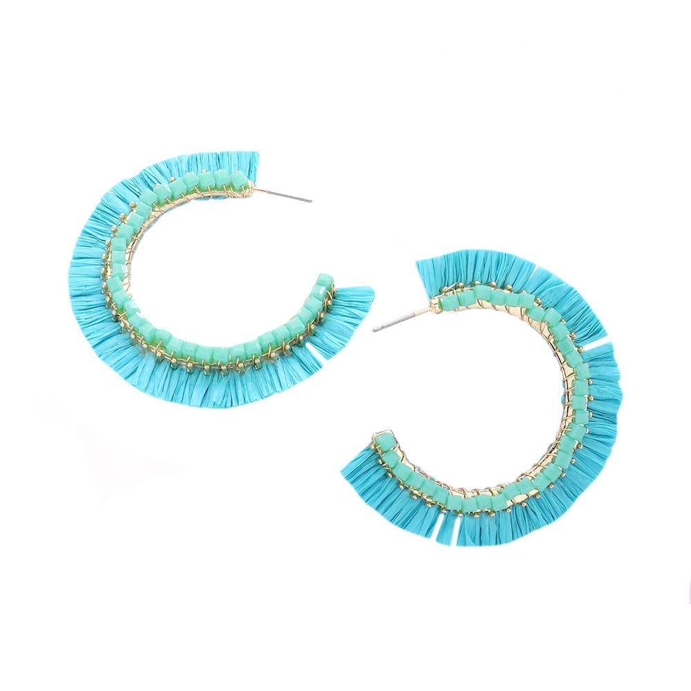 Turqouise Cube Bead Embellished Raffia Hoop Earrings, turn your ears into a chic fashion statement with these raffia hoop earrings! The beautifully crafted design adds a gorgeous glow to any outfit. Put on a pop of color to complete your ensemble in perfect style.