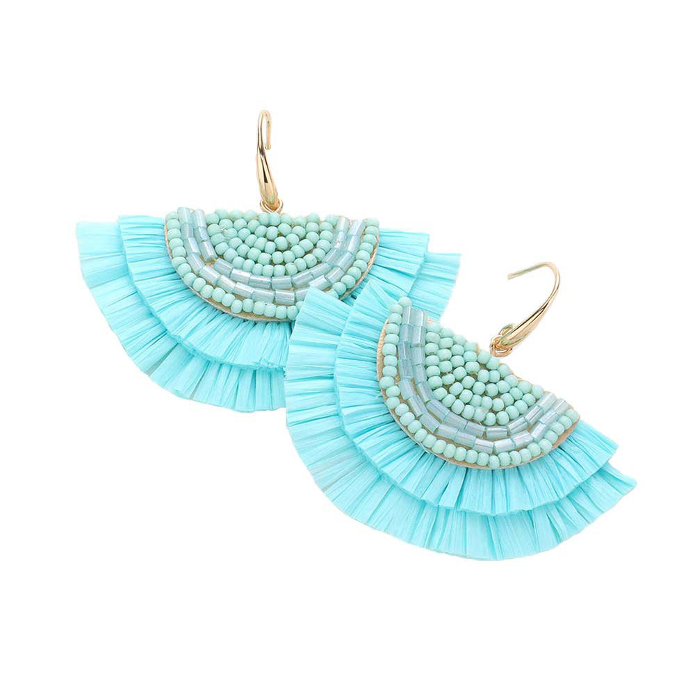Turquoise Bead Embellished Raffia Fringe Dangle Earrings, adorn yourself with these Raffia fringe dangle earrings! Enhance your attire with these vibrant artisanal earrings to show off your fun trendsetting style. 