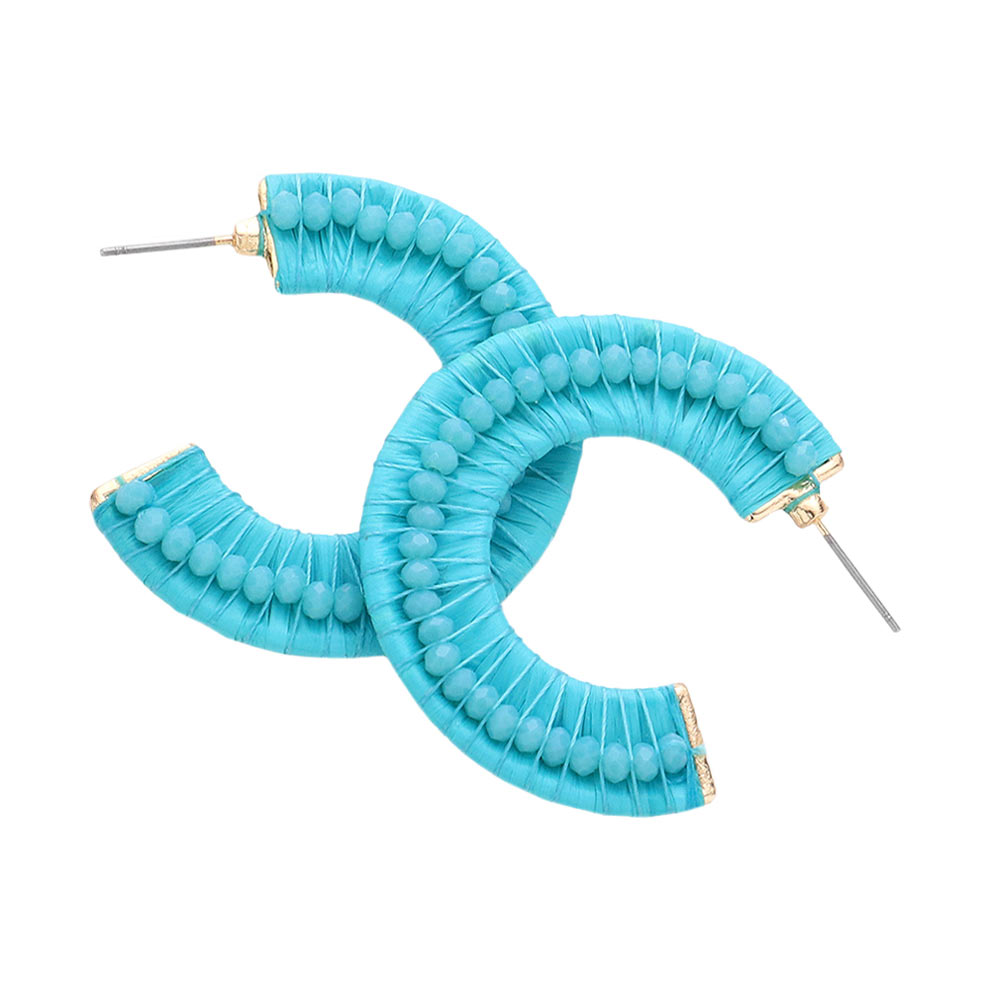 Turquoise Faceted Bead Embellished Raffia Wrapped Hoop Earrings, turn your ears into a chic fashion statement with these raffia-wrapped hoop earrings! The beautifully crafted design adds a gorgeous glow to any outfit. Put on a pop of color to complete your ensemble in perfect style. Complete your look with these raffia hoop earrings.