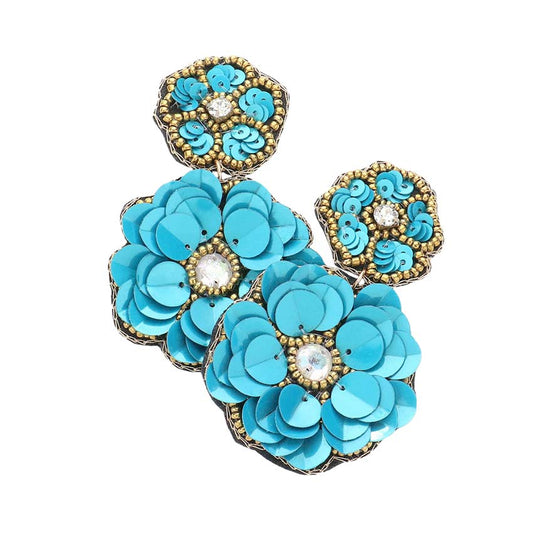 Turquoise Felt Back Double Flower Link Dangle Earrings, enhance your attire with these flower link dangle earrings to show off your fun trendsetting style. It is perfect for flower lovers. Get a pair as a gift to express your love for your mom, daughter, or girlfriend, or just for you on birthdays, Mother‚Äö√Ñ√¥s Day, parties, etc.