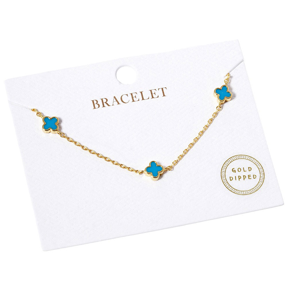 Turquoise Gold Dipped Triple Quatrefoil Link Bracelet, is the perfect accessory for any outfit. Crafted using gold-dipped materials, it is lightweight, durable, and will not tarnish. A triple Quatrefoil Link design adds interest and style to any look. This beautiful bracelet can be a nice gift to your loved ones on any occasion.