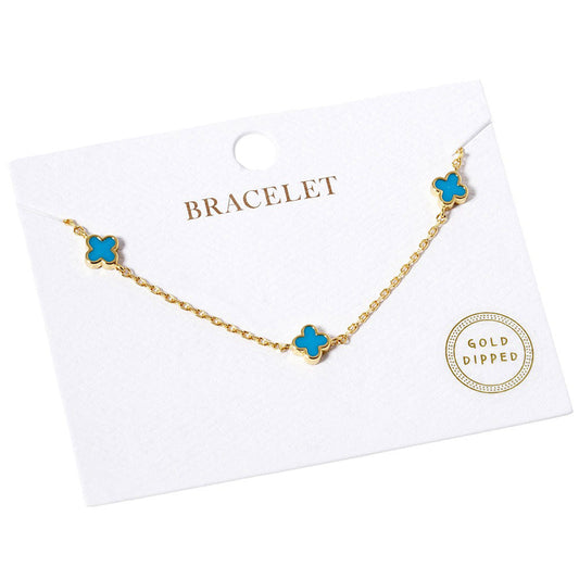 Turquoise Gold Dipped Triple Quatrefoil Link Bracelet, is the perfect accessory for any outfit. Crafted using gold-dipped materials, it is lightweight, durable, and will not tarnish. A triple Quatrefoil Link design adds interest and style to any look. This beautiful bracelet can be a nice gift to your loved ones on any occasion.