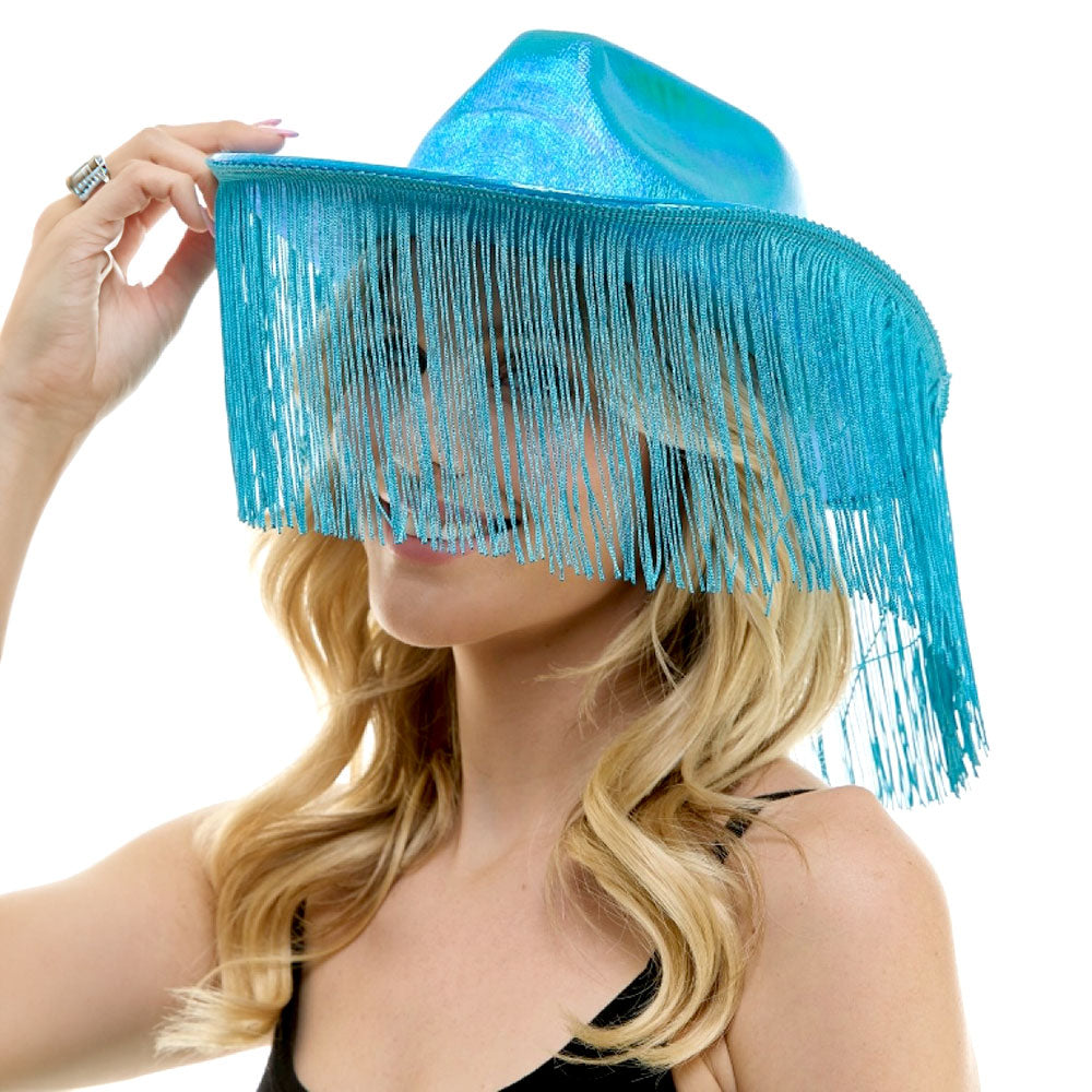 Shiny Western Cowboy Hat with Fringe - Turquoise - Cowboy Hat