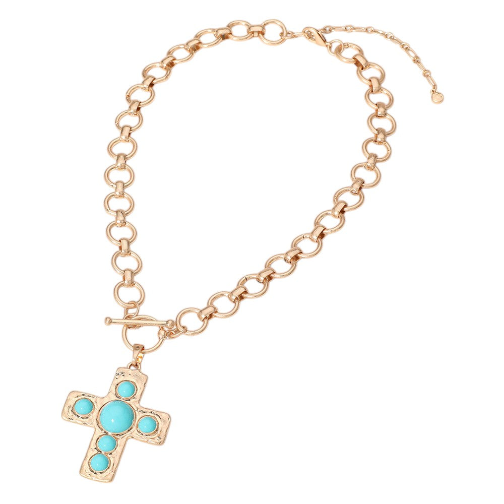 Turquoise Stone Cross Pendant Chunky Chain Necklace is the perfect accessory for adding a touch of bohemian style to any outfit. The stunning turquoise stone pendant adds a pop of color while the chunky chain brings a bold, statement-making look. Elevate your fashion game with this unique necklace. 