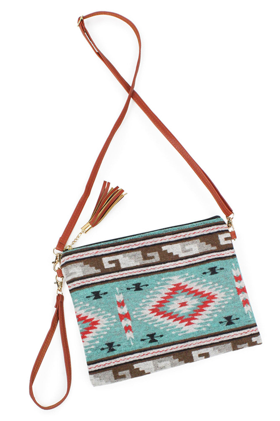 Turquoise Western Print Crossbody Clutch Bag combines distinctive southwestern-inspired patterns with practical design. Crafted for versatility, it offers a compact yet spacious interior ideal for essentials, while the adjustable crossbody strap ensures comfortable, hands-free wear. This bag is perfect for adding a touch of rustic charm to everyday outfits or special occasions, seamlessly blending style with functionality.