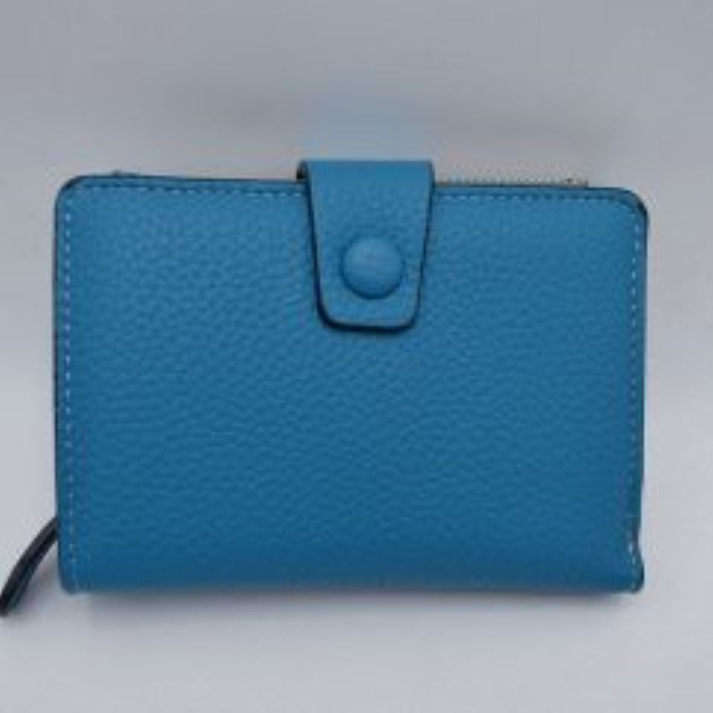 Turquoise This compact everyday wallet features a distinct pebbled texture and neat border stitching for a clean, structured appearance. Designed for efficient organization, the multi-compartment layout includes an accessible side storage compartment with a metallic zipper alongside a fold-over section secured by a central strap and snap-button closure. Its streamlined profile easily slips into larger bags or can be carried independently