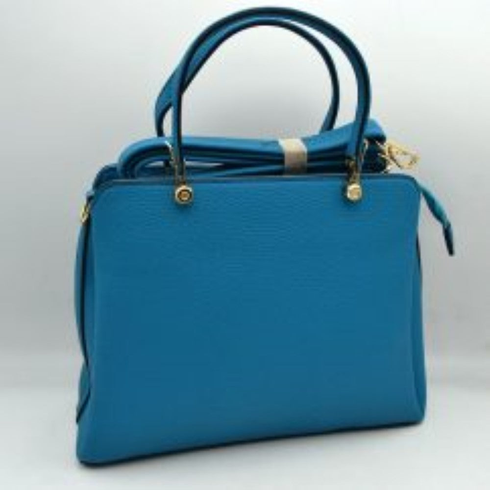 Turquoise This structured handbag is designed for everyday use, featuring dual arched top handles attached with round metallic hardware. The design includes multiple storage compartments to organize your belongings, featuring a central zippered closure alongside separate side compartments.