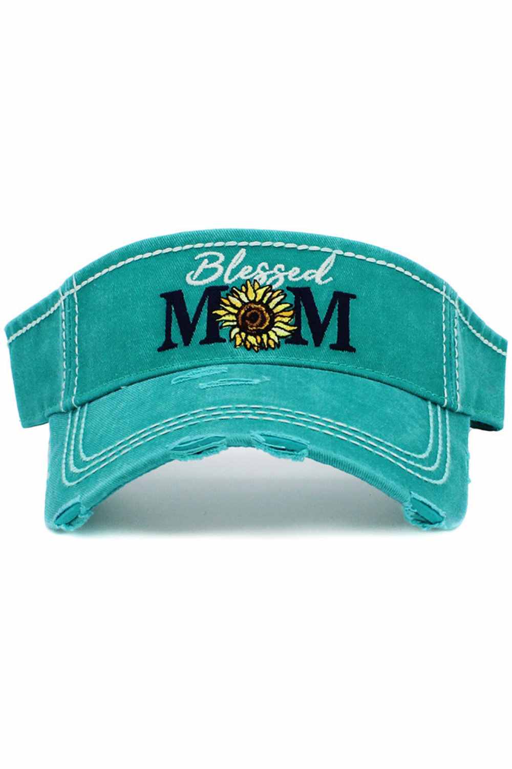 Turquoise Celebrate motherhood in effortless style with the Blessed Mom vintage visor cap, featuring a softly distressed finish and heartfelt embroidered design. Lightweight and adjustable for all-day comfort, this casual visor is perfect for sunny outings, errands, or relaxed weekend wear.