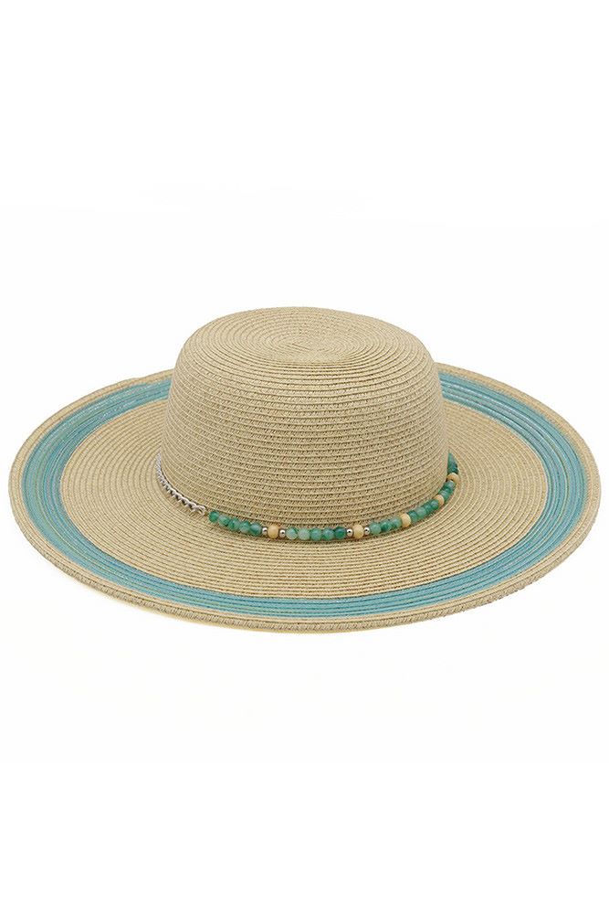 Turquoise Protect yourself in style with this charming summer straw sun hat, featuring a striking turquoise stone-beaded band. Crafted from a breathable blend of 80% paper and 20% polyester, it offers lightweight comfort for all-day wear. The UPF 50+ UV protection shields your face and neck from harmful sun rays, making it perfect for beach days, outdoor events, and sunny adventures. Whether you're lounging poolside or exploring a new destination, this versatile hat combines practical sun protection with ef