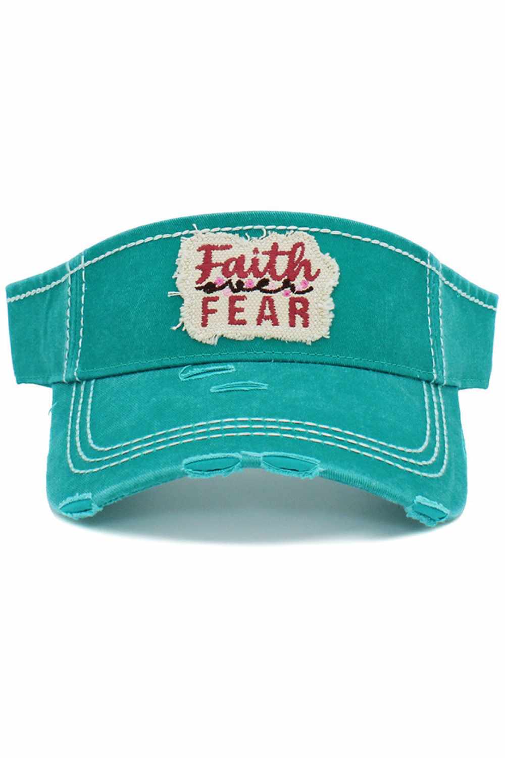 Turquoise Stay inspired in everyday style with the Faith Over Fear vintage visor cap, featuring a classic distressed finish and uplifting embroidered message. Lightweight and comfortable, this adjustable visor adds a relaxed sporty touch while keeping you cool and confident on sunny days.