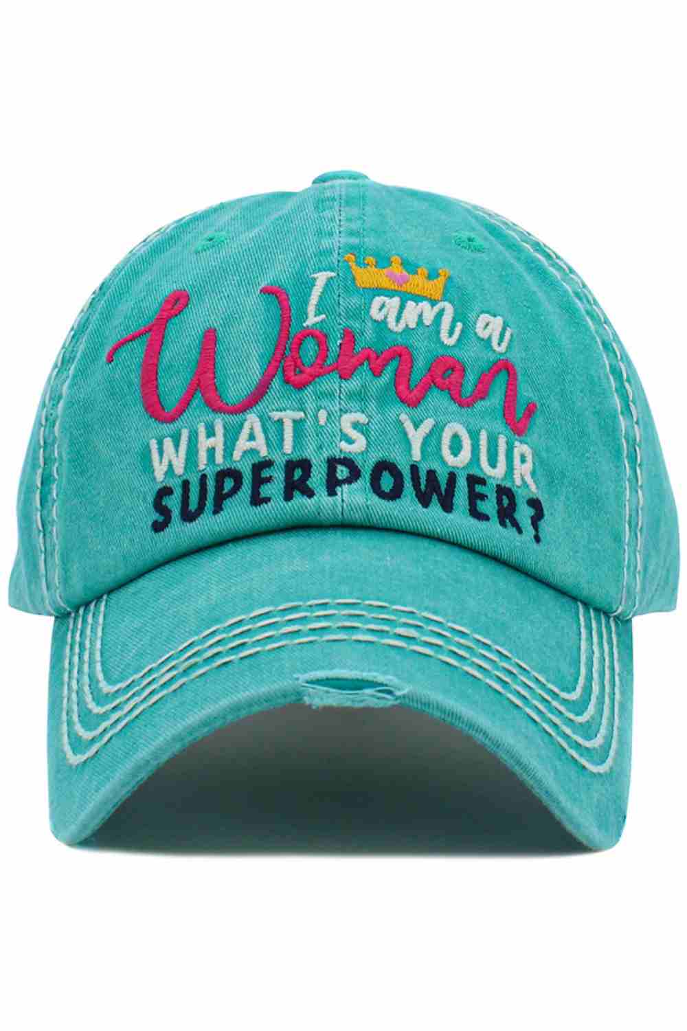 Turquoise The I AM A WOMEN SUPERPOWER Vintage Ball Cap features a bold, empowering statement with a classic vintage wash for a timeless, confident look. Designed for everyday comfort, this cap pairs effortlessly with casual outfits while making a strong, inspiring style statement.