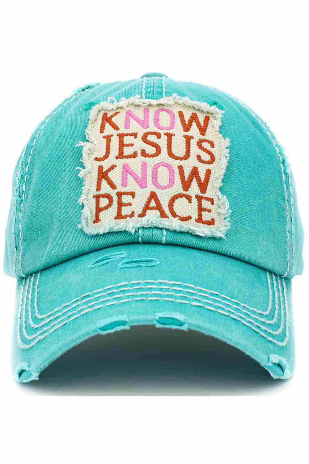 Turquoise Share an inspiring message in everyday style with the Know Jesus Know Peace vintage baseball cap, featuring a classic distressed finish and meaningful embroidered design. Comfortable and adjustable for all-day wear, this casual cap is perfect for church days, outings, or relaxed weekends.
