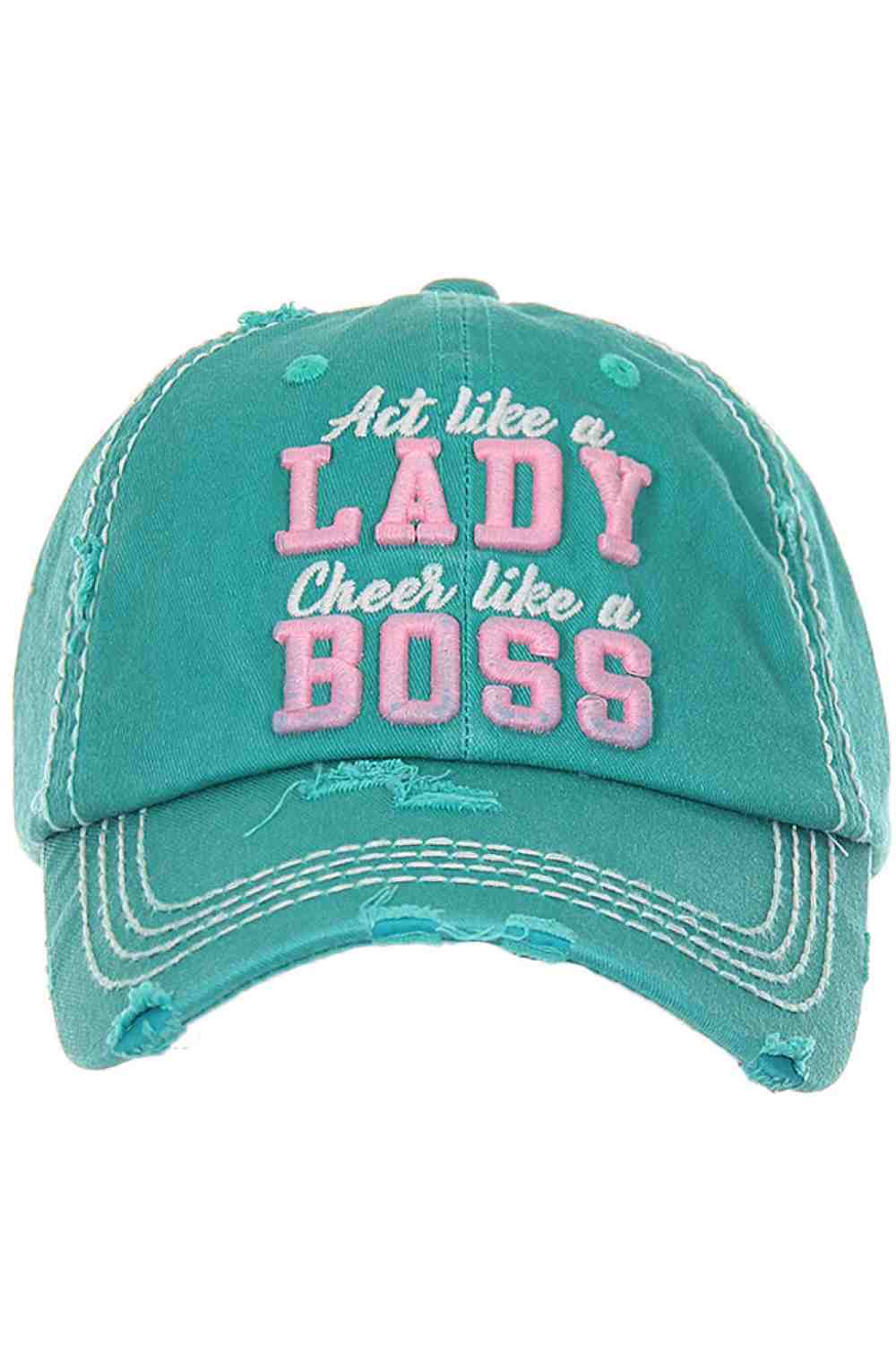 Turquoise Make a confident style statement with the Lady Boss washed vintage baseball cap, featuring a classic distressed finish and bold embroidered design. Comfortable and adjustable for everyday wear, this casual cap is perfect for errands, outings, or empowered weekend looks.