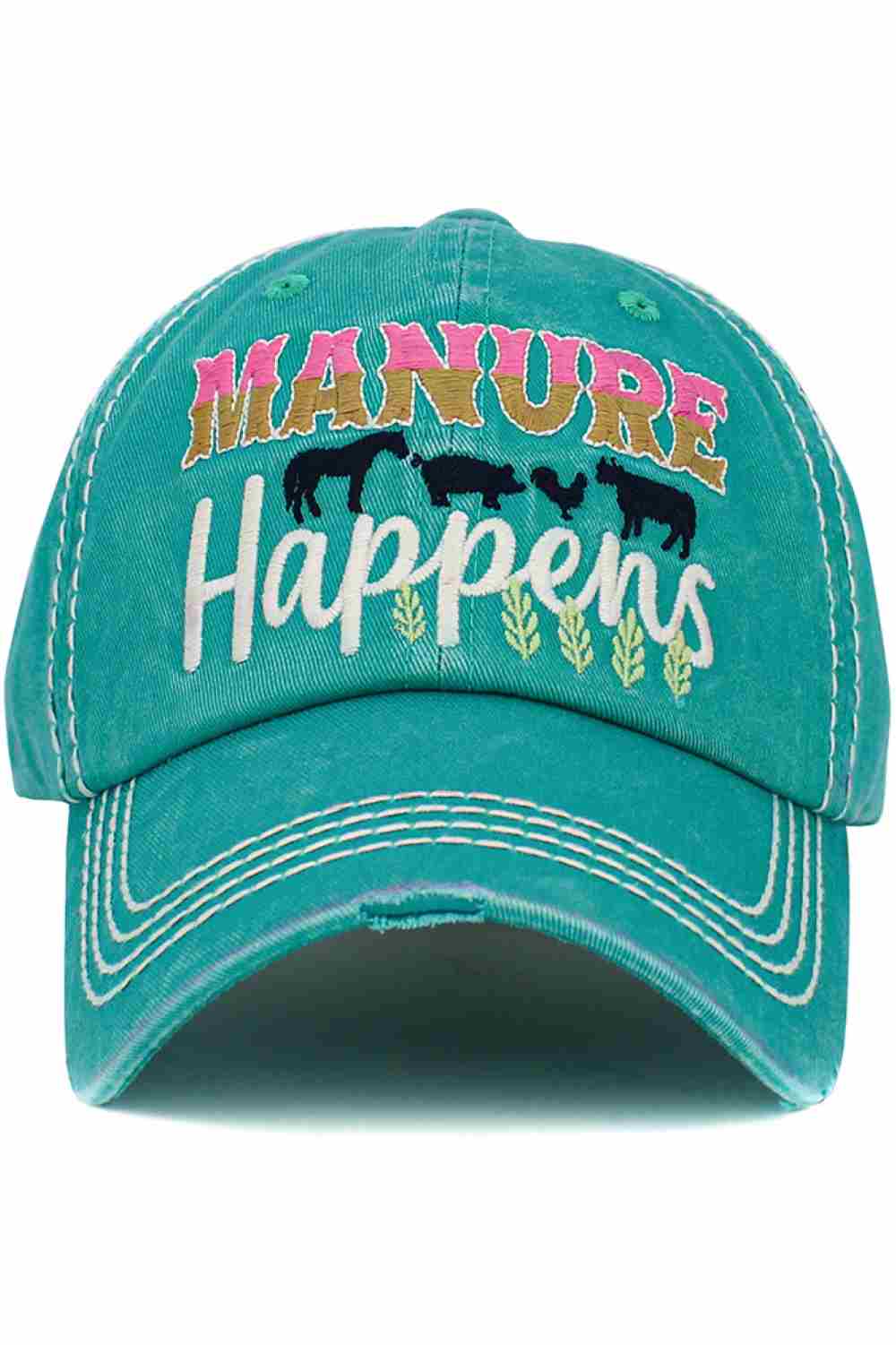 Turquoise The MANURE HAPPENS vintage baseball cap features a humorous slogan paired with a washed, distressed look for laid-back, rustic style. Designed for comfort with an adjustable fit, it’s perfect for farm life, outdoor work, or casual everyday wear.