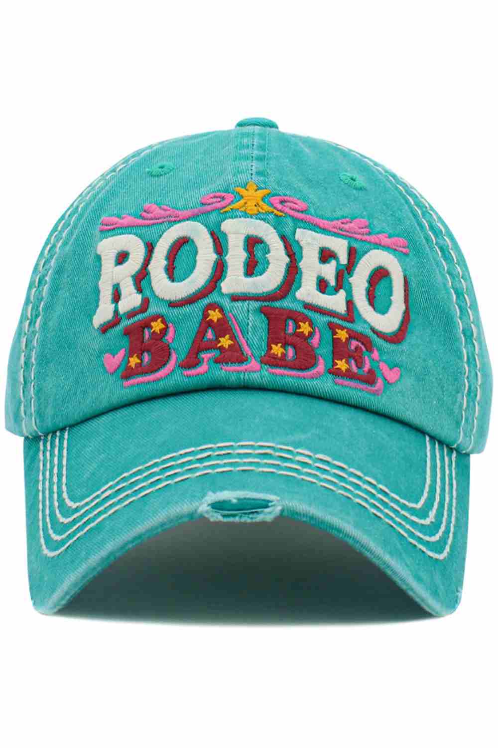 Turquoise The RODEO BABE Vintage Ball Cap features a bold, western-inspired design with a classic vintage look. Comfortable and easy to wear, it’s perfect for everyday outfits, casual outings, and adding a touch of rodeo attitude to your style.