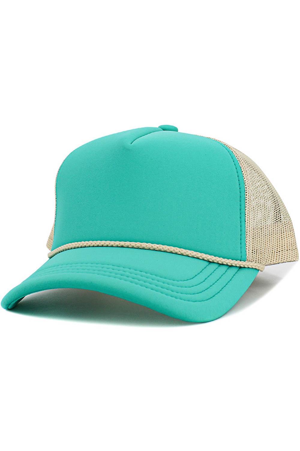 Turquoise stone This Two Tone Foam Rope String Trim Trucker Hat features a classic rope string trim and breathable mesh back for a laid-back, retro-inspired look. Lightweight and adjustable, it offers all-day comfort while adding effortless style to casual and outdoor outfits.