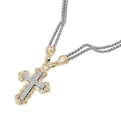 Two Tone 14K gold plated necklace features a sparkling CZ stone paved cross pendant on a double chain. Perfect for adding a touch of elegance and faith to any outfit, this necklace is a must-have for any jewelry collection. Made with superior craftsmanship and high-quality materials, it is both durable and stunning.