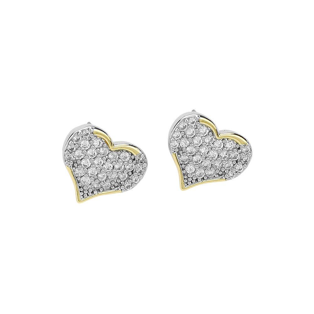 Two-Tone-14K Gold Plated CZ Stone Paved Heart Stud Earrings add a touch of elegance to any outfit. Made with high-quality materials, these earrings feature a beautiful heart shape filled with sparkling CZ stones. The 14K gold plating ensures long-lasting shine and the stud design makes them comfortable to wear. Elevate your style with these stunning earrings. 