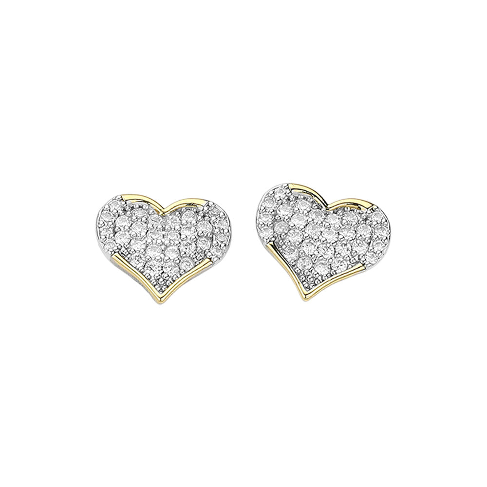 Two-Tone-14K Gold Plated CZ Stone Paved Heart Stud Earrings add a touch of elegance to any outfit. Made with high-quality materials, these earrings feature a beautiful heart shape filled with sparkling CZ stones. The 14K gold plating ensures long-lasting shine and the stud design makes them comfortable to wear. Elevate your style with these stunning earrings. 