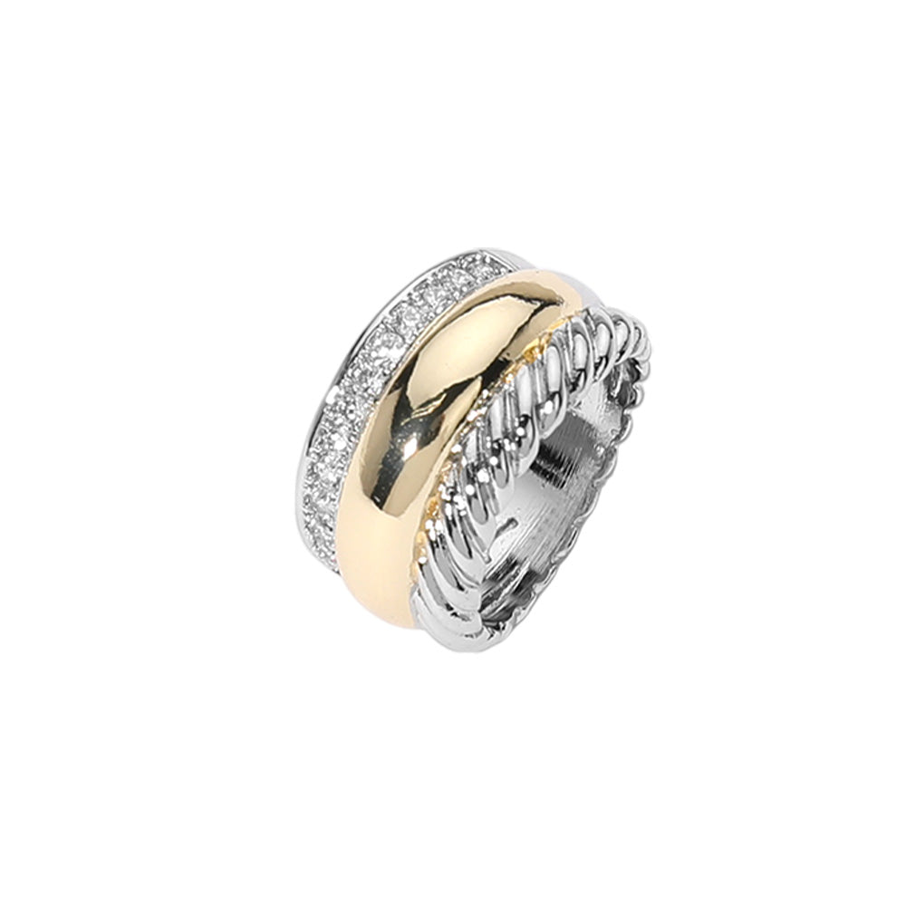 Two Tone CZ Stone Paved Two-Tone Ring is the perfect accessory for any occasion. Crafted with precision and skill, this ring boasts a unique two-tone design with sparkling stones, adding a touch of elegance to your look. With its durable construction and timeless style, this ring is sure to make a statement.