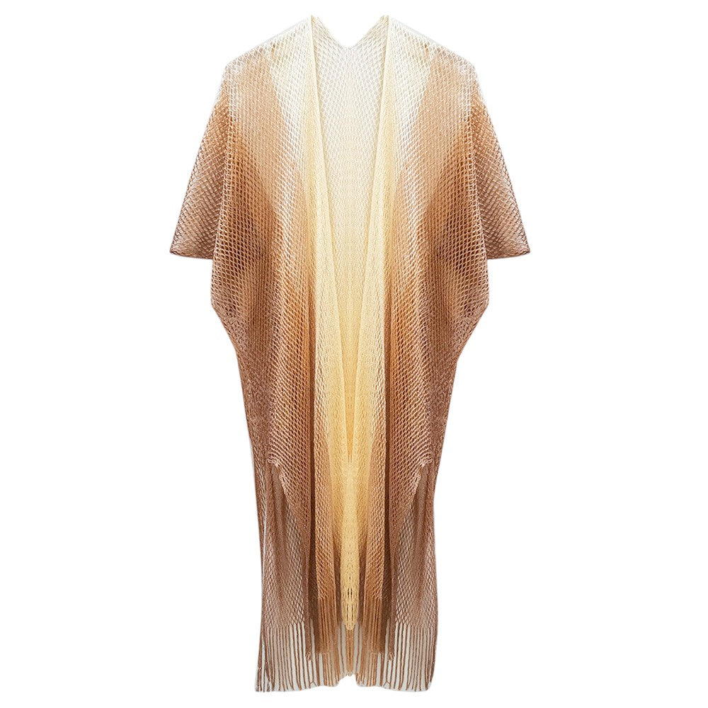 Gold Two Tone Lurex Kimono Poncho is a versatile and stylish addition to any wardrobe. Made with a unique Lurex fabric, it adds a touch of shimmer to your outfit. Its kimono design offers a comfortable and flattering fit, making it suitable for any body type. Perfect for adding a pop of color and sparkle to your outfit. 