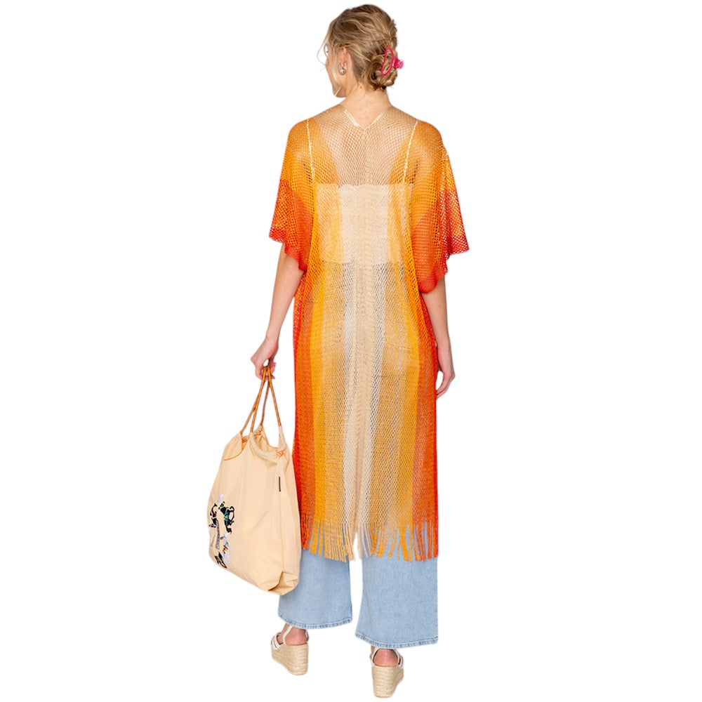 Orange Two Tone Lurex Kimono Poncho is a versatile and stylish addition to any wardrobe. Made with a unique Lurex fabric, it adds a touch of shimmer to your outfit. Its kimono design offers a comfortable and flattering fit, making it suitable for any body type. Perfect for adding a pop of color and sparkle to your outfit. 