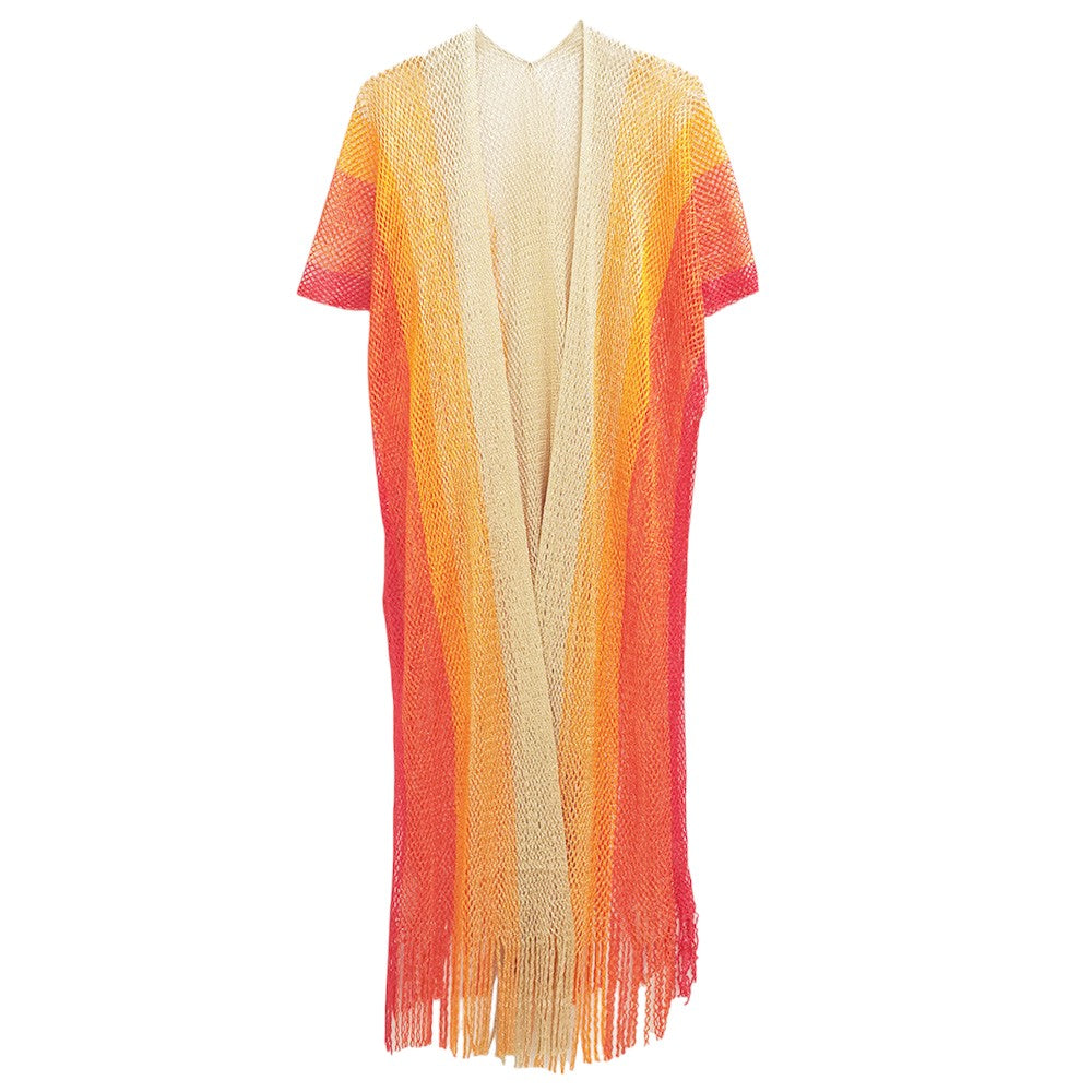 Orange Two Tone Lurex Kimono Poncho is a versatile and stylish addition to any wardrobe. Made with a unique Lurex fabric, it adds a touch of shimmer to your outfit. Its kimono design offers a comfortable and flattering fit, making it suitable for any body type. Perfect for adding a pop of color and sparkle to your outfit. 