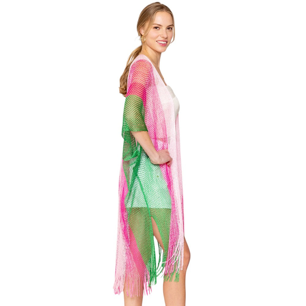 Pink & Green Two Tone Lurex Kimono Poncho is a versatile and stylish addition to any wardrobe. Made with a unique Lurex fabric, it adds a touch of shimmer to your outfit. Its kimono design offers a comfortable and flattering fit, making it suitable for any body type. Perfect for adding a pop of color and sparkle to your outfit. 