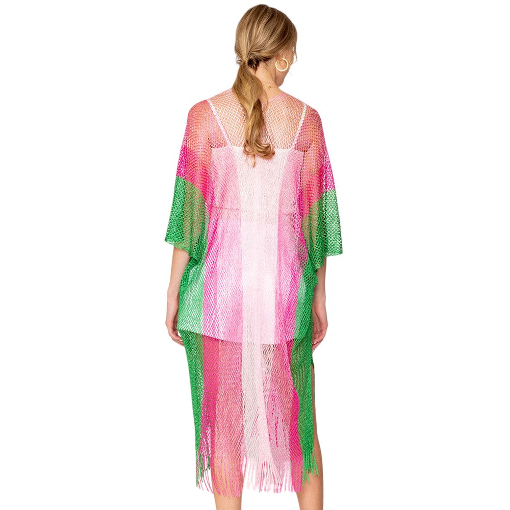 Pink & Green Two Tone Lurex Kimono Poncho is a versatile and stylish addition to any wardrobe. Made with a unique Lurex fabric, it adds a touch of shimmer to your outfit. Its kimono design offers a comfortable and flattering fit, making it suitable for any body type. Perfect for adding a pop of color and sparkle to your outfit. 