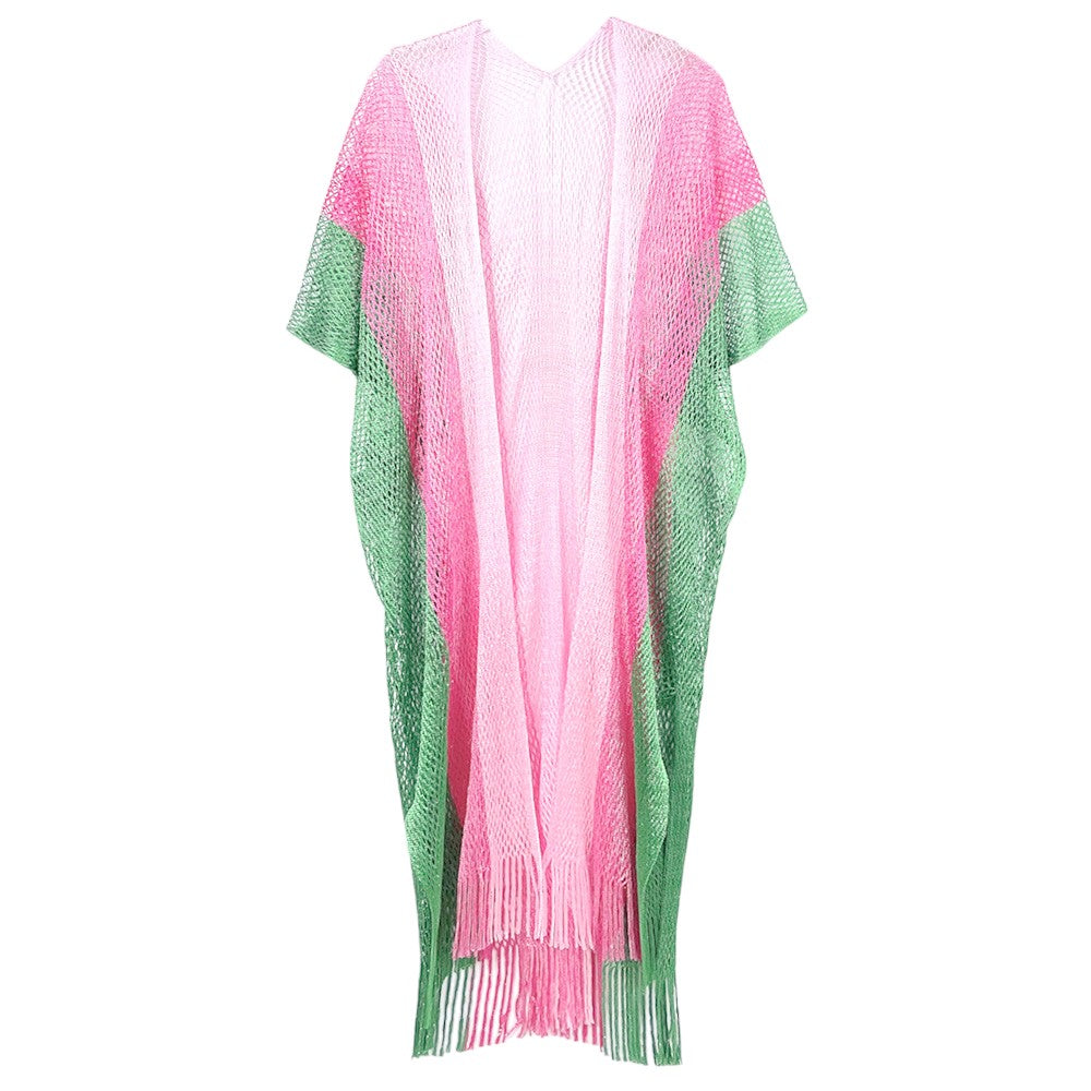 Pink & Green Two Tone Lurex Kimono Poncho is a versatile and stylish addition to any wardrobe. Made with a unique Lurex fabric, it adds a touch of shimmer to your outfit. Its kimono design offers a comfortable and flattering fit, making it suitable for any body type. Perfect for adding a pop of color and sparkle to your outfit. 