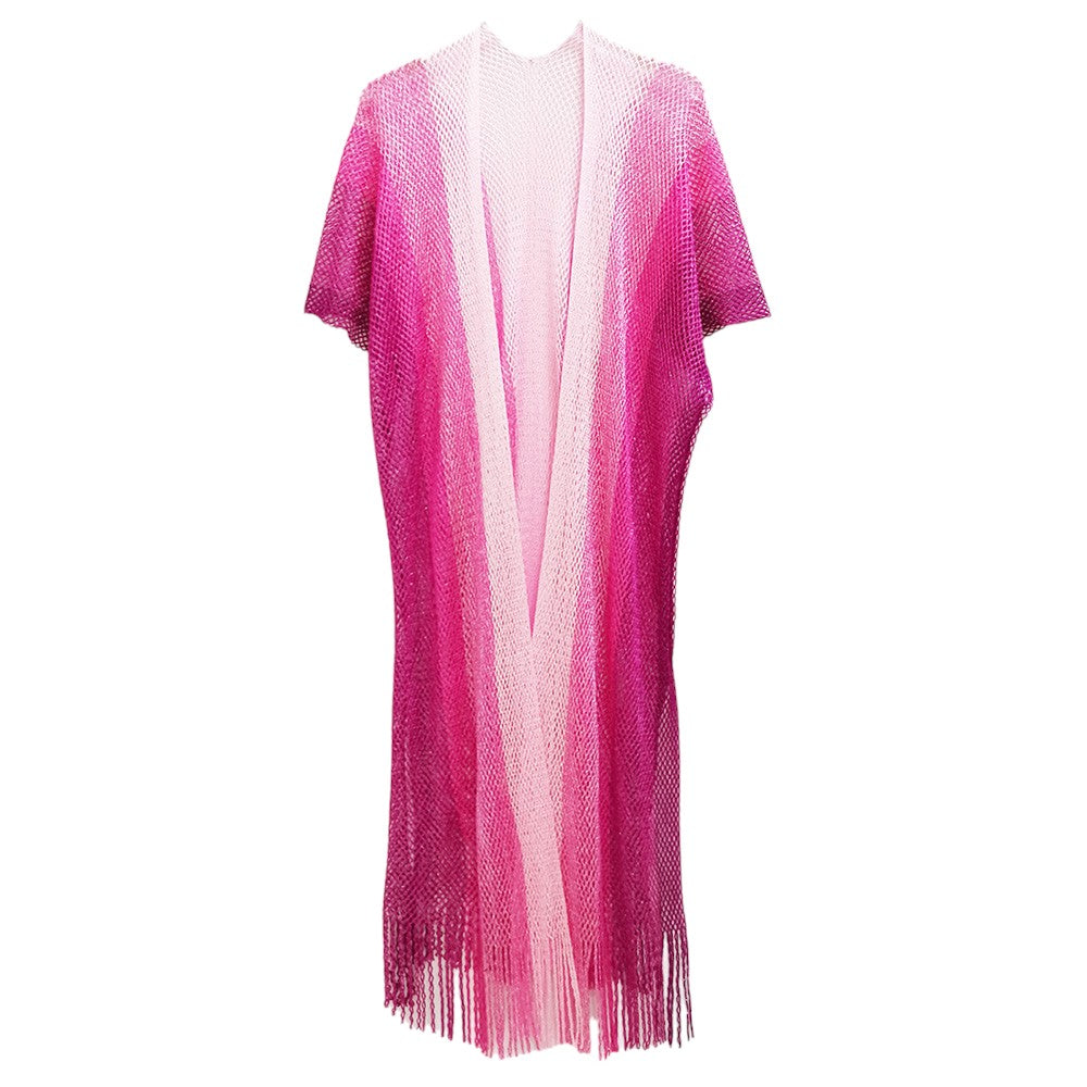 Fuchsia Two Tone Lurex Kimono Poncho is a versatile and stylish addition to any wardrobe. Made with a unique Lurex fabric, it adds a touch of shimmer to your outfit. Its kimono design offers a comfortable and flattering fit, making it suitable for any body type. Perfect for adding a pop of color and sparkle to your outfit. 