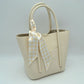 Classic Pebbled Tote Bag with Front Pocket and Checkered Scarf Accent - Cream - Tote Bag