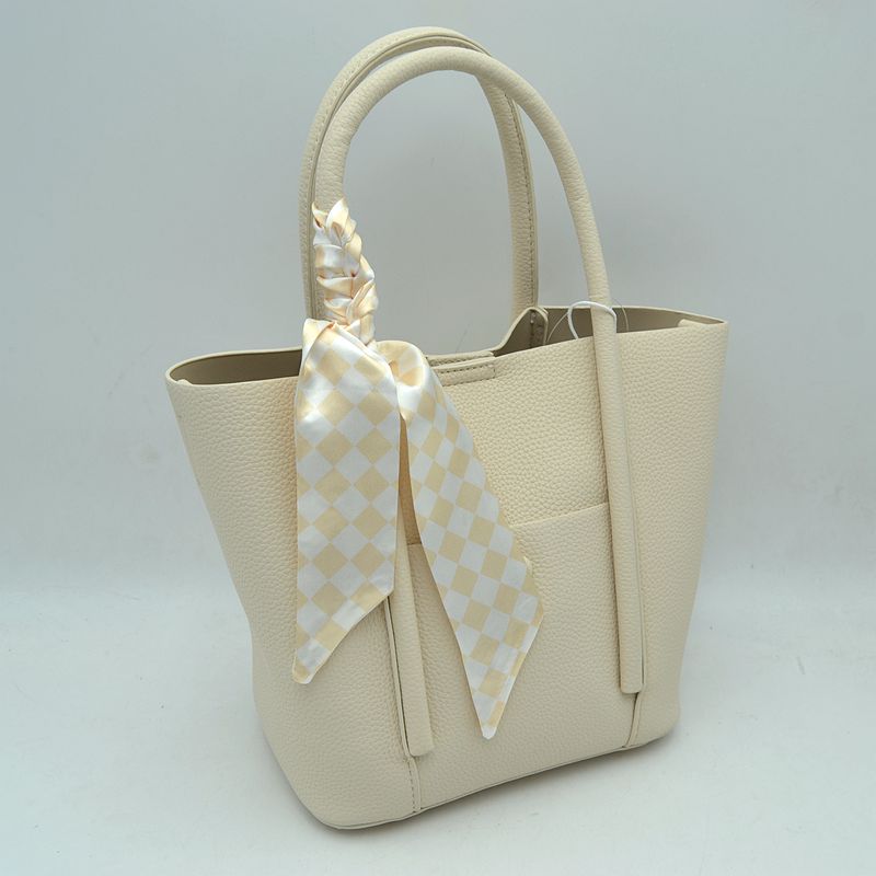 Classic Pebbled Tote Bag with Front Pocket and Checkered Scarf Accent - Cream - Tote Bag