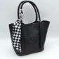 Classic Pebbled Tote Bag with Front Pocket and Checkered Scarf Accent - Black - Tote Bag
