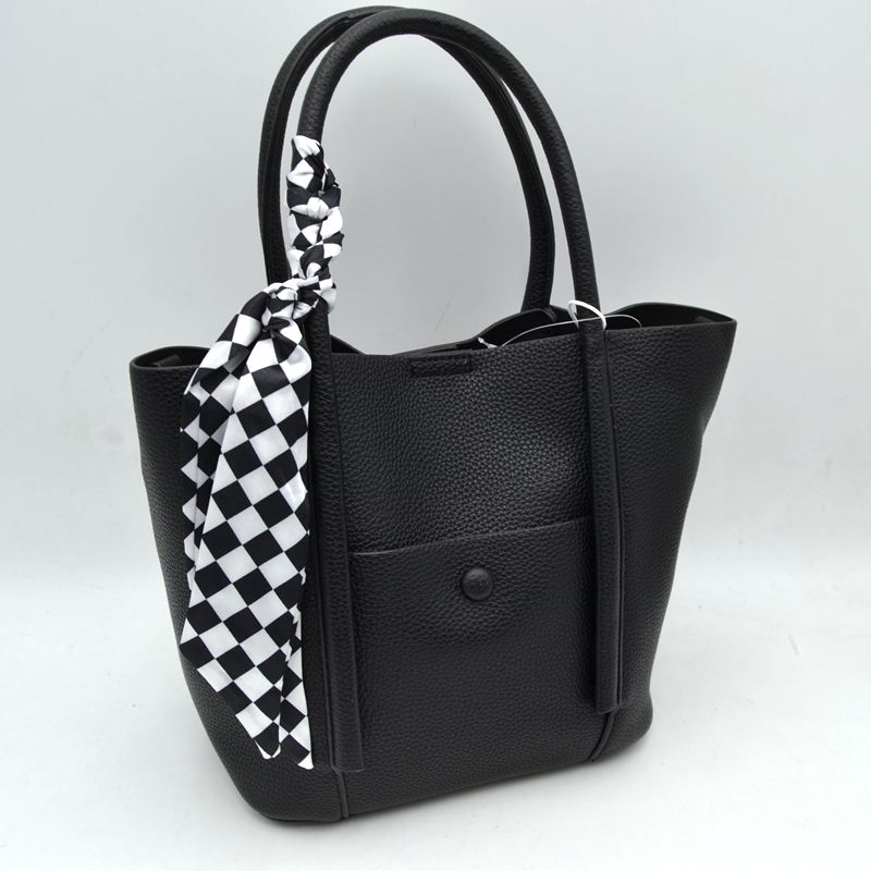 Classic Pebbled Tote Bag with Front Pocket and Checkered Scarf Accent - Black - Tote Bag