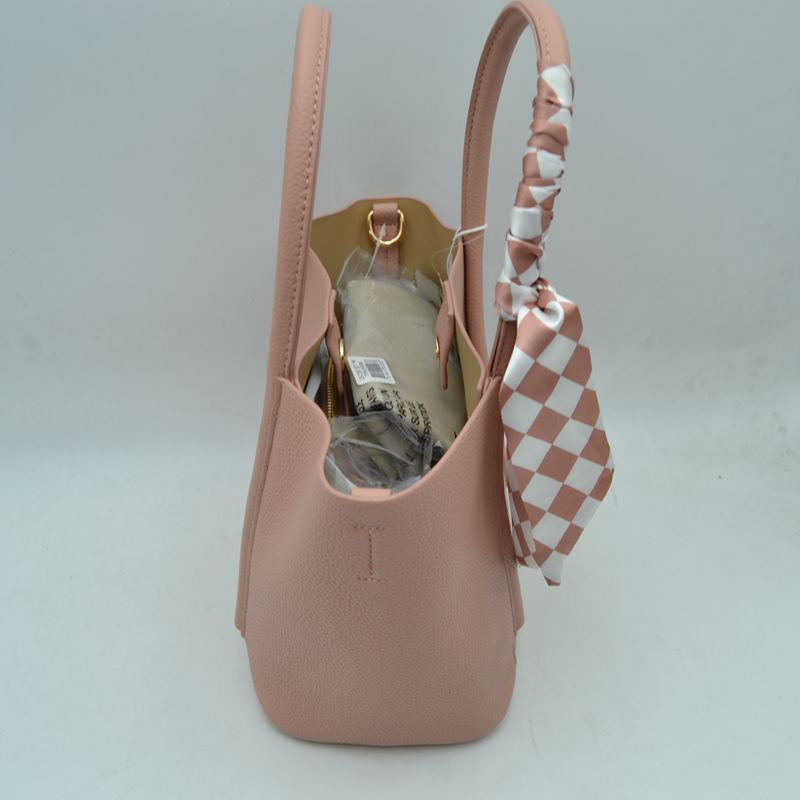 Classic Pebbled Tote Bag with Front Pocket and Checkered Scarf Accent - Tote Bag